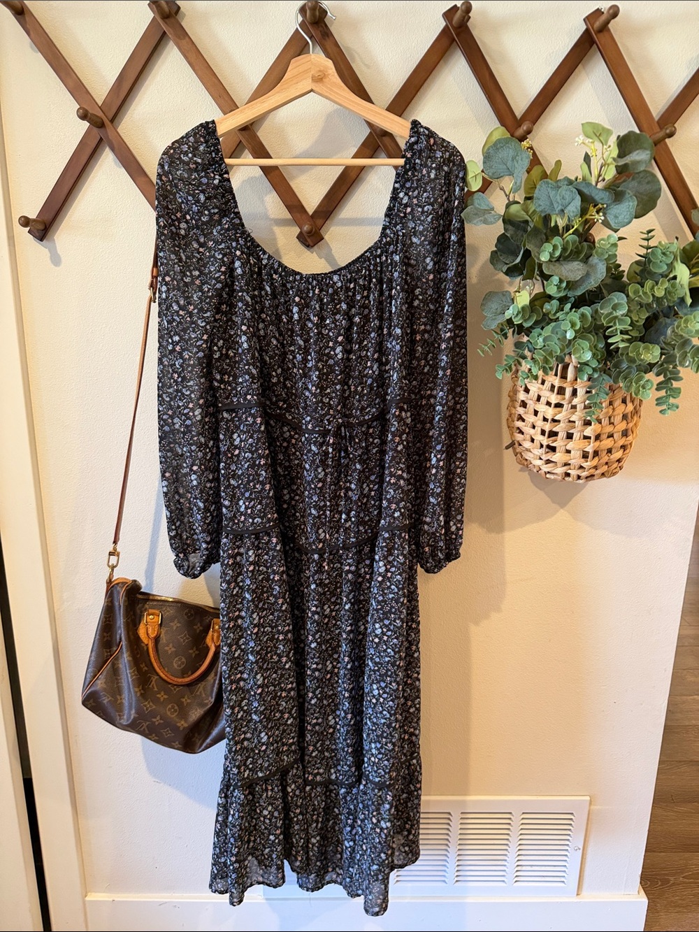 Black Floral Maxi Dress with Long Sleeves